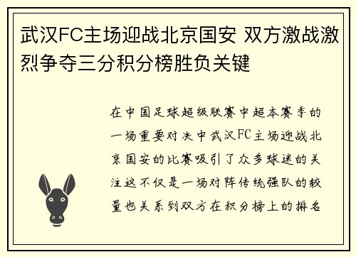 武汉FC主场迎战北京国安 双方激战激烈争夺三分积分榜胜负关键