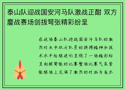 泰山队迎战国安河马队激战正酣 双方鏖战赛场剑拔弩张精彩纷呈