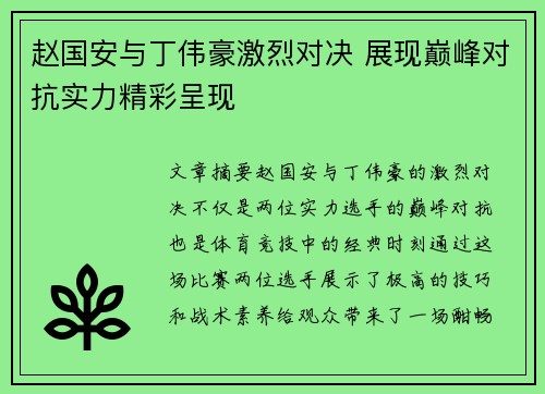 赵国安与丁伟豪激烈对决 展现巅峰对抗实力精彩呈现